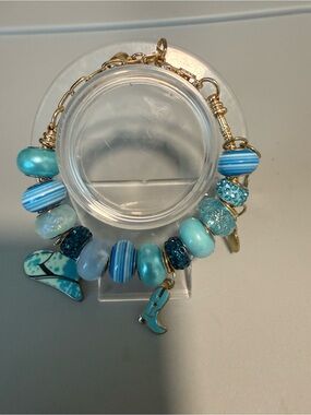 Gold-Tone Aqua Bead Charm Bracelet - Blue Turquoise Accents